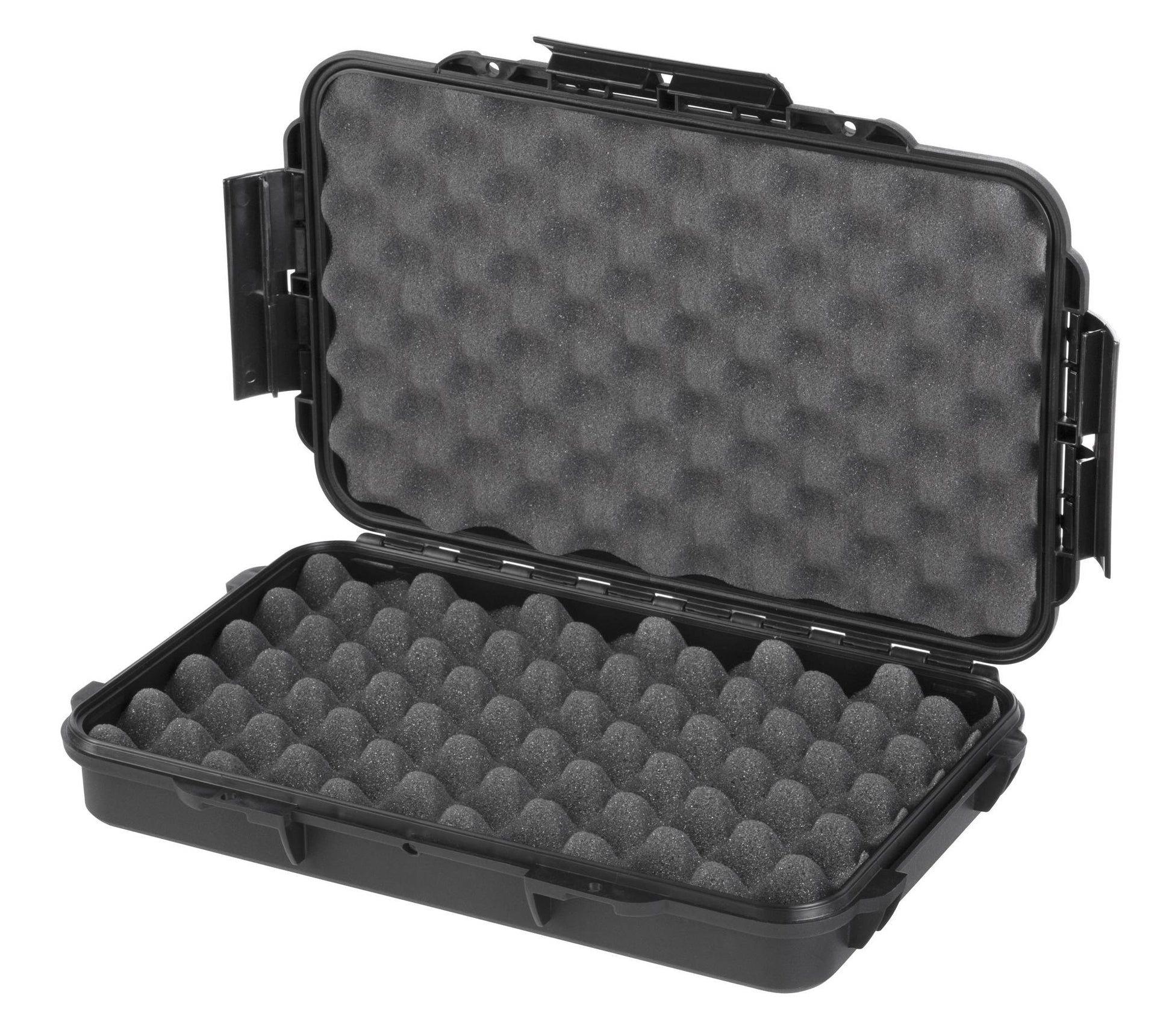 The MAX003 is a black hard plastic IP67 case with an open lid, featuring egg crate foam padding inside—ideal as a waterproof storage box.