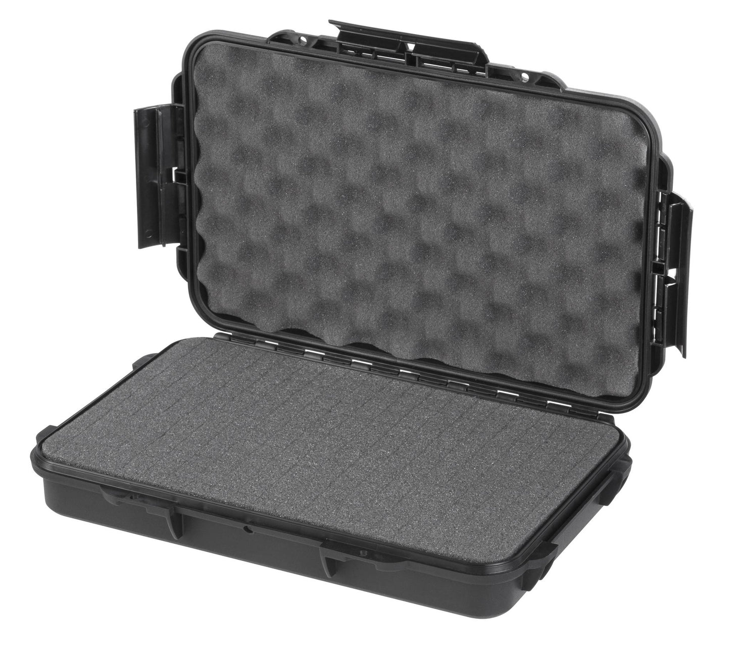 The MAX003 is a black hard-shell IP67 waterproof case, shown open with foam padding inside the lid and base to cushion and protect stored items.