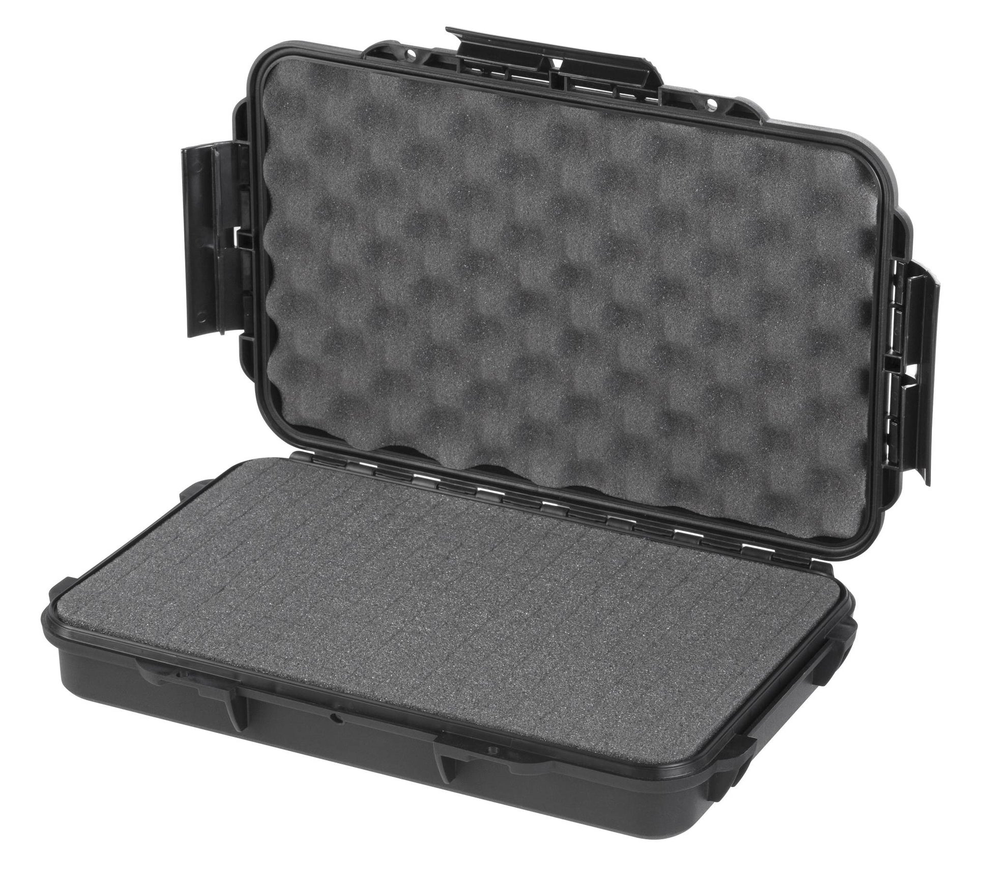 The MAX003 is a black hard-shell IP67 waterproof case, shown open with foam padding inside the lid and base to cushion and protect stored items.