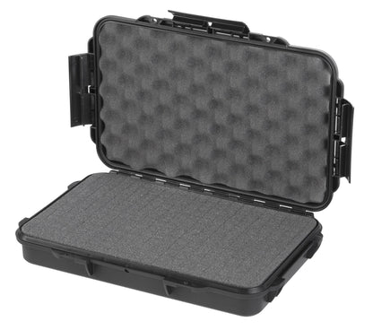 The MAX003 is a black hard-shell IP67 waterproof case, shown open with foam padding inside the lid and base to cushion and protect stored items.
