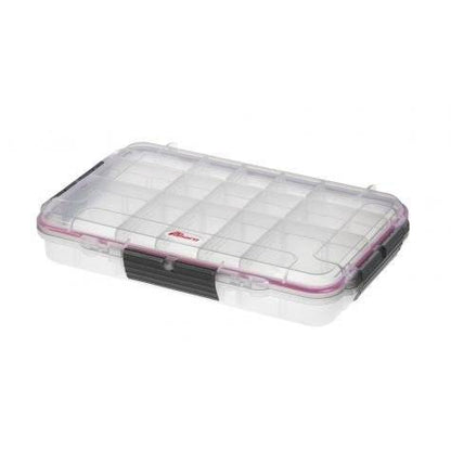 The MAX003T is a clear polypropylene copolymer case featuring multiple compartments, a black latch, and a pink gasket around the lid, ideal for organizing small items.