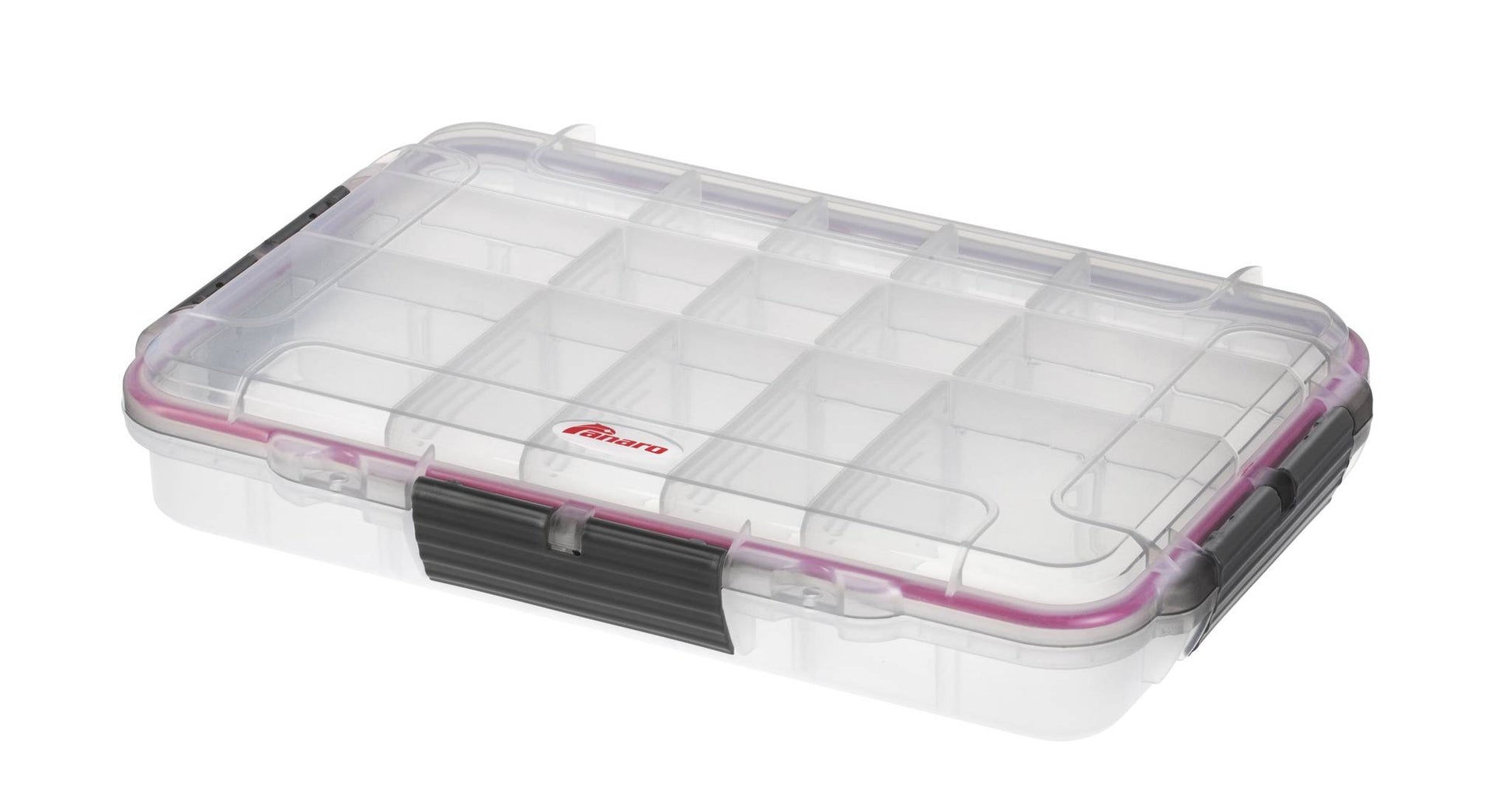 The MAX003T is a clear polypropylene copolymer case featuring a hinged lid, black latches, and several internal compartments for organizing small items.