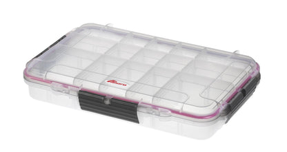 The MAX003T is a clear polypropylene copolymer case featuring a hinged lid, black latches, and several internal compartments for organizing small items.