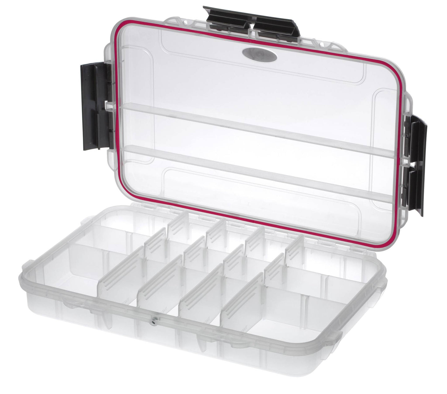 The MAX003T storage box is made of transparent polypropylene copolymer and features a hinged lid, pink seal, adjustable compartments, and black side latches—perfect for organizing tools or electronics.