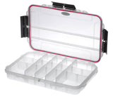 The MAX003T storage box is made of transparent polypropylene copolymer and features a hinged lid, pink seal, adjustable compartments, and black side latches—perfect for organizing tools or electronics.