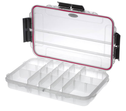 The MAX003T storage box is made of transparent polypropylene copolymer and features a hinged lid, pink seal, adjustable compartments, and black side latches—perfect for organizing tools or electronics.
