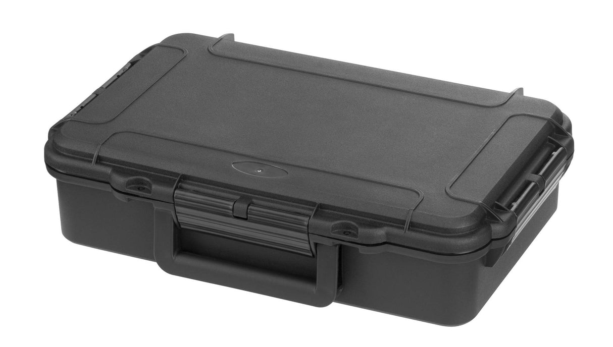 The MAX004 is a black, hard plastic IP67 case with a secure latch and built-in handle, made from durable polypropylene copolymer, shown on a white background.