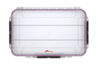 The MAX004T is a clear plastic storage box made of durable polypropylene copolymer with black side latches, a pink seal, and Panaro logo at the bottom center. Photographed from above, this IP67 waterproof case ensures secure, reliable protection.