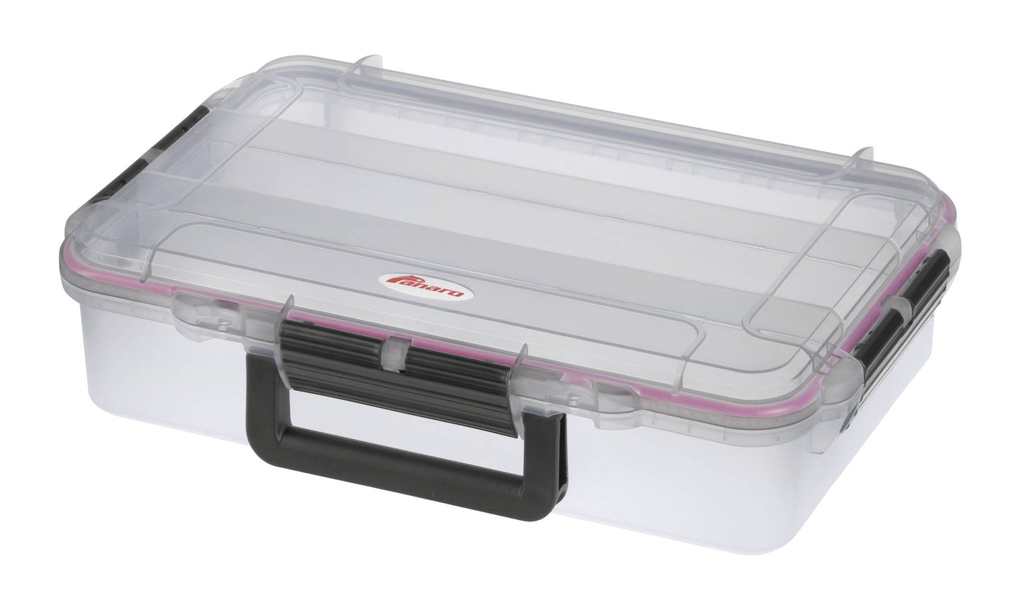 The MAX004T is a clear rectangular polypropylene copolymer storage box featuring a black handle, black latches, pink sealing strip around the lid, and an automatic pressure release valve.