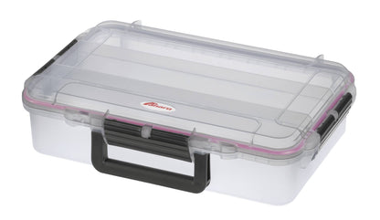 The MAX004T is a clear rectangular polypropylene copolymer storage box featuring a black handle, black latches, pink sealing strip around the lid, and an automatic pressure release valve.