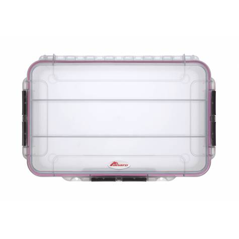The MAX004T is a clear rectangular IP67 waterproof case made from durable polypropylene copolymer, with black side latches, an automatic pressure release valve, and a secure lid, shown from above.