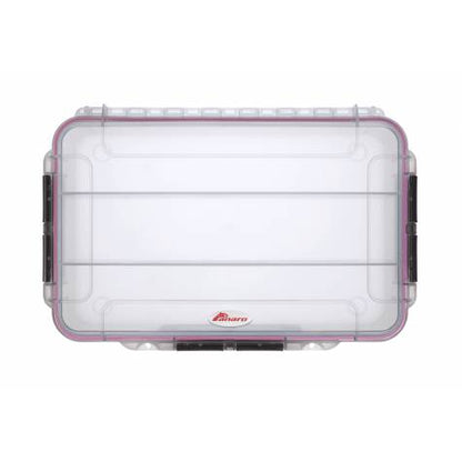The MAX004T is a clear rectangular IP67 waterproof case made from durable polypropylene copolymer, with black side latches, an automatic pressure release valve, and a secure lid, shown from above.