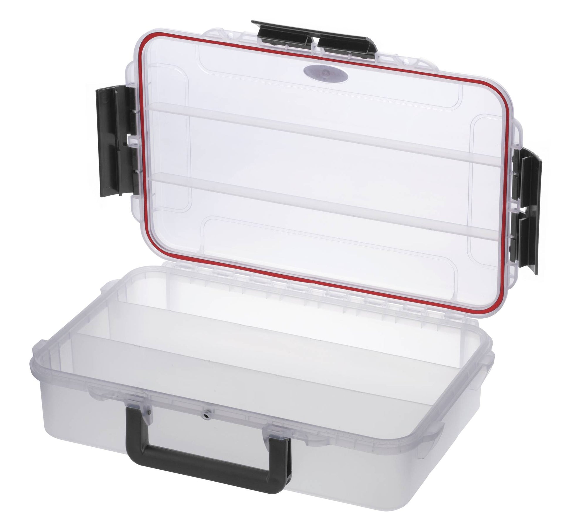 The MAX004T is a clear polypropylene copolymer storage box with a black handle, open hinged lid, multiple compartments, black side latches, and an IP67 waterproof case for secure, watertight storage.