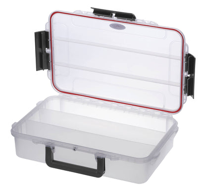 The MAX004T is a clear polypropylene copolymer storage box with a black handle, open hinged lid, multiple compartments, black side latches, and an IP67 waterproof case for secure, watertight storage.