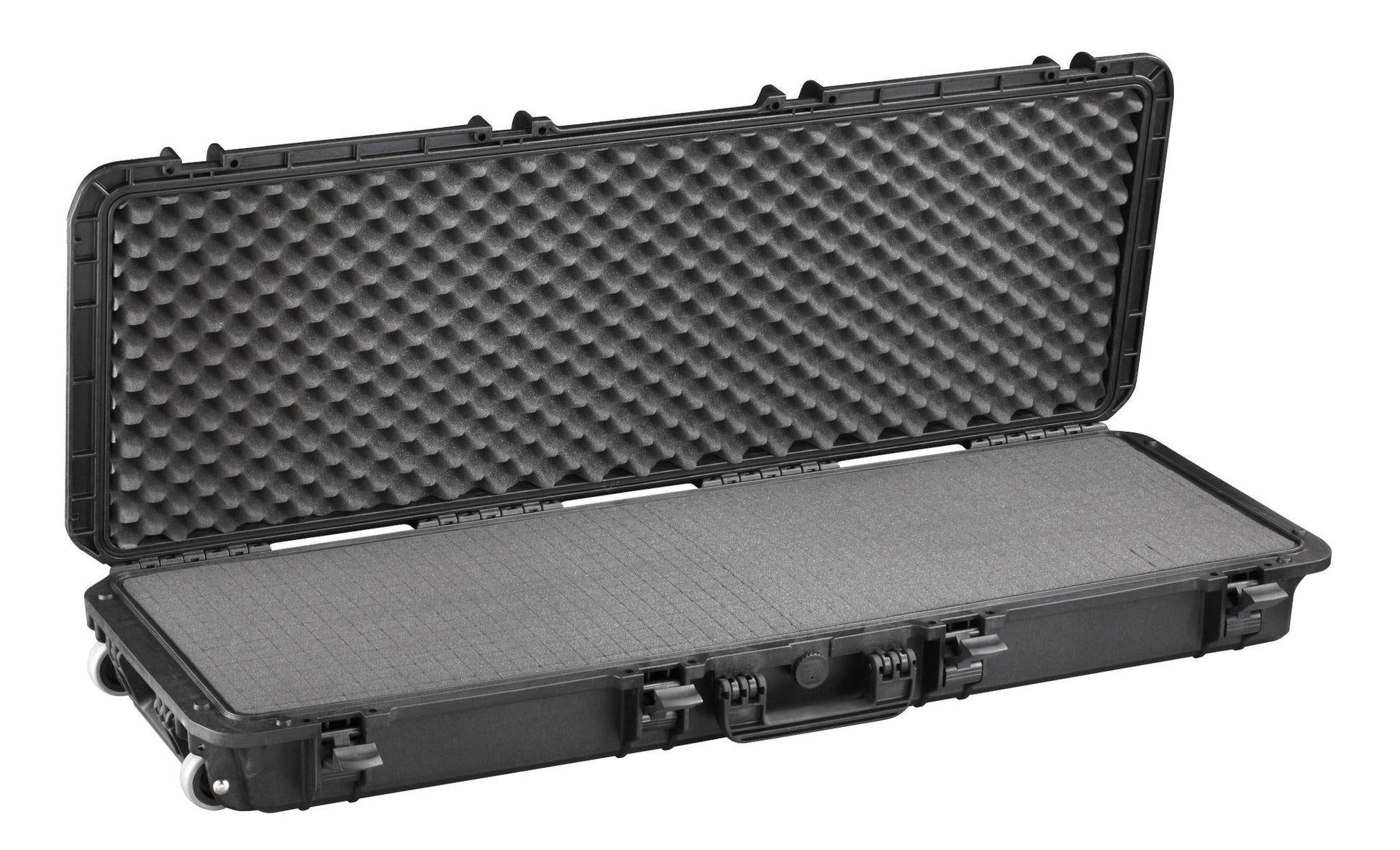 The MAX1100 is a large, black protective case featuring a hard shell and foam padding, displayed open and empty on a white background.