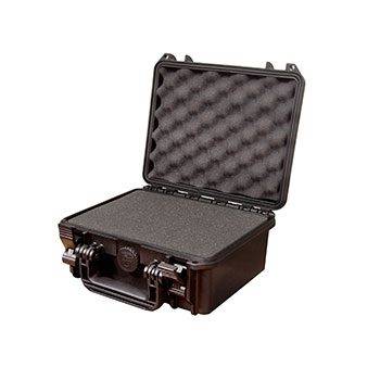 The MAX235H105 is a black hard-shell protective case with a handle, open to reveal foam padding inside the lid and base, and features a watertight seal for added security.