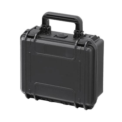 The MAX235H105 is a black hard plastic carrying case with a handle, watertight seal, and automatic pressure release valve, shown closed against a white background.
