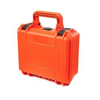 The MAX235H105 is a bright orange hard plastic protective case with a sturdy handle, black latches, reinforced corners, watertight seal, and automatic pressure release valve, shown against a white background.