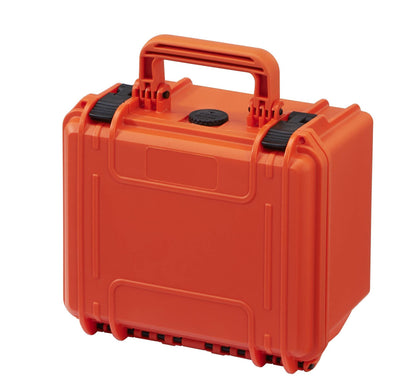 The MAX235H155 is a bright orange hard plastic watertight case with a handle, black latches, a pressure release valve, and reinforced corners, shown on a plain white background.