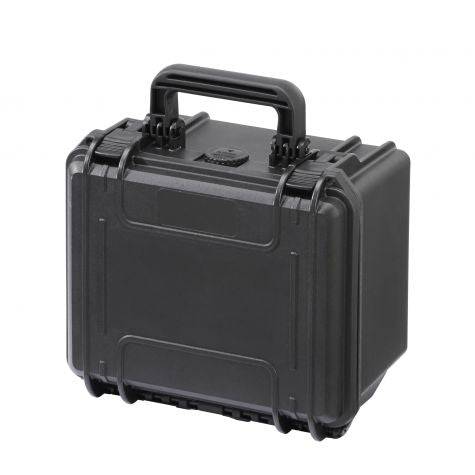 The MAX235H155, a black hard-shell carrying case with a handle, secure latches, and a pressure release valve, is shown standing upright on a white background.