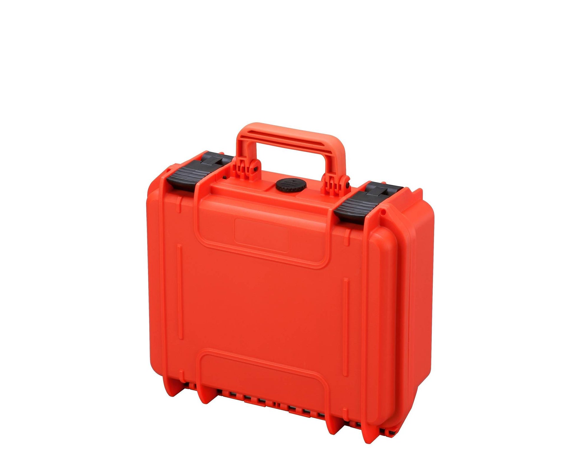 The MAX300 is a bright orange hard plastic carrying case with a handle and black latches, featuring a watertight seal, shown against a white background.