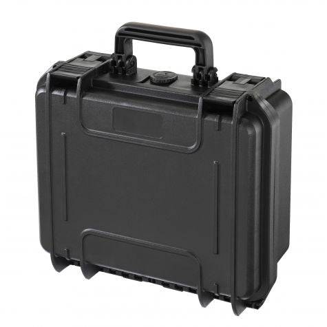 The MAX300 is a black hard plastic protective carrying case with a handle, secure latches, and an automatic pressure release valve, shown closed and standing upright.