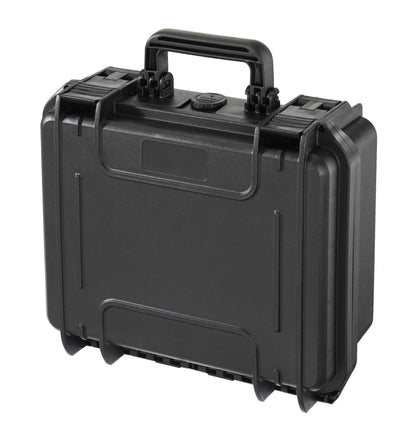 The MAX300 is a black hard plastic protective case with a handle, secure latches, and a watertight seal, shown closed and standing upright.