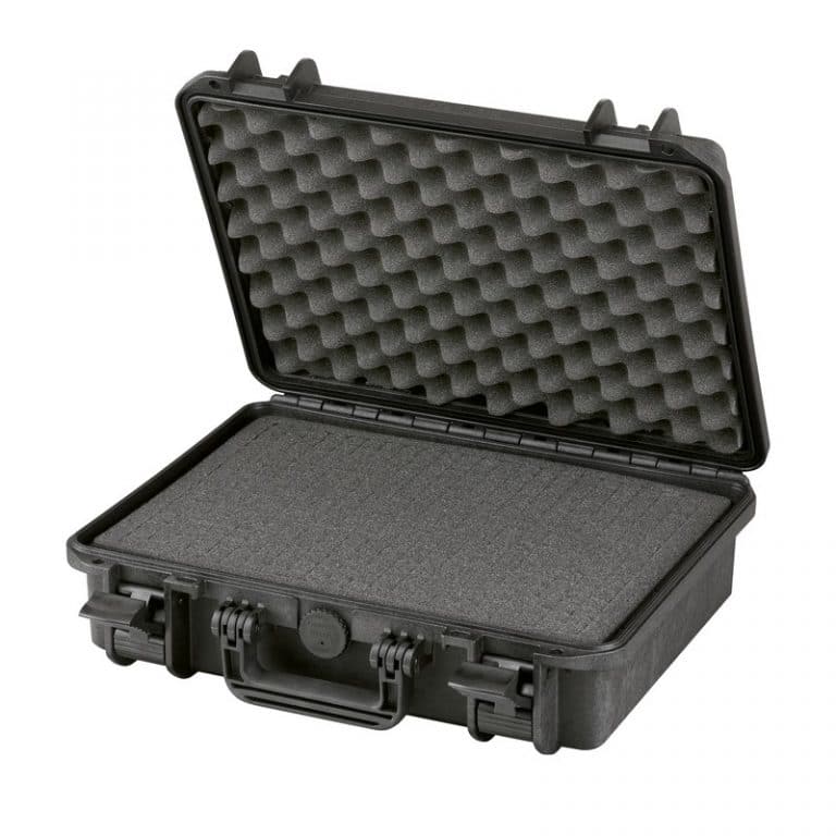 The MAX380H115 is a black hard-shell carrying case with an open lid, foam padding inside for protective storage, and a pressure release valve for safety and durability.