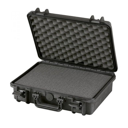 The MAX380H115 is a black hard-shell carrying case with an open lid, foam padding inside for protective storage, and a pressure release valve for safety and durability.