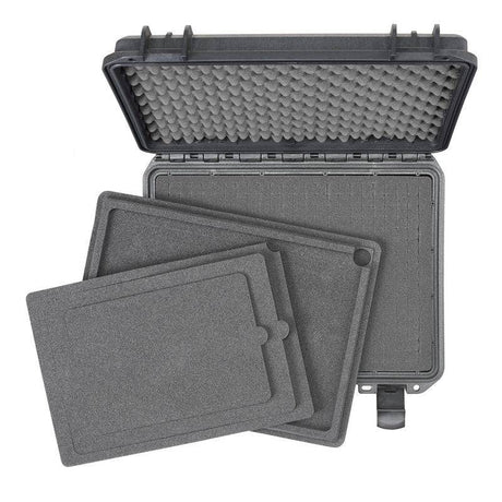 The MAX380H115 Laptop Case is a hard, watertight case with a foam-lined lid, three removable foam inserts, a pressure release valve for safety, and a stackable interlocking design for easy storage.