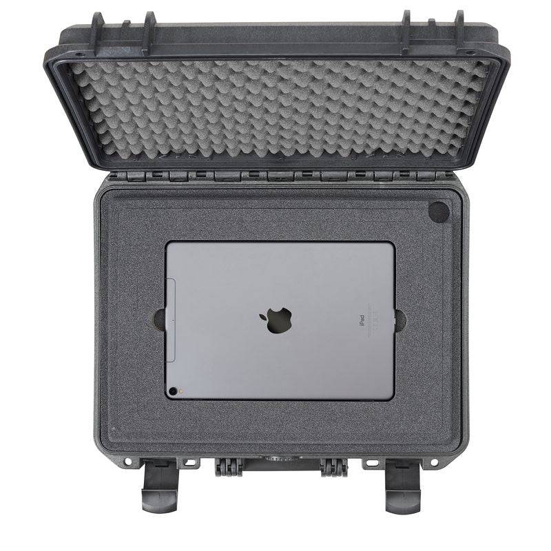 A MAX380H115 Laptop Case, hard and watertight with a foam lining, is shown open to display an iPad secured inside.