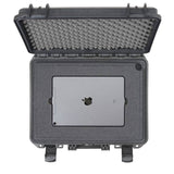 A MAX380H115 Laptop Case, hard and watertight with a foam lining, is shown open to display an iPad secured inside.