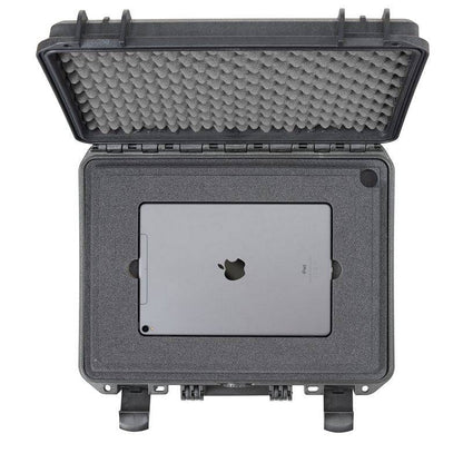 A MAX380H115 Laptop Case, hard and watertight with a foam lining, is shown open to display an iPad secured inside.