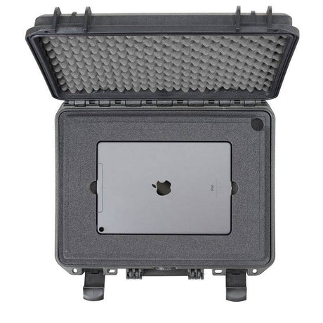 A MAX380H115 Laptop Case, hard and watertight with a foam lining, is shown open to display an iPad secured inside.