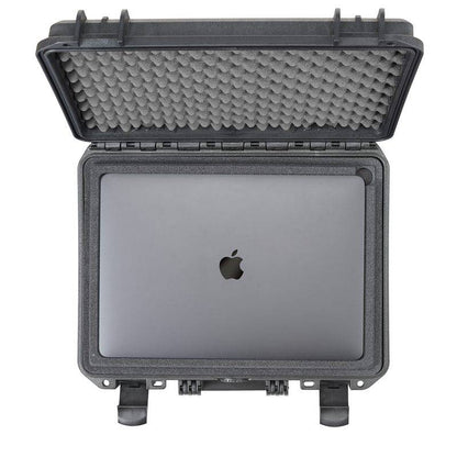 The MAX380H115 Laptop Case is an open, hard watertight case with a foam-lined lid, holding a closed Apple MacBook laptop and providing durable protection from spills and impacts.