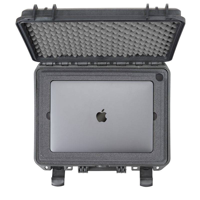 A gray laptop with an Apple logo sits inside an open MAX380H115 Laptop Case, which features foam padding and a pressure release valve for enhanced protection.