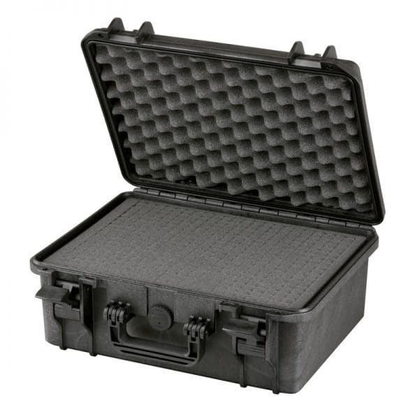 The MAX380H160 is a black hard-shell carrying case with a pressure release valve, shown open with egg-crate foam in the lid and a customizable foam insert in the bottom for added protection.