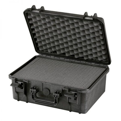 The MAX380H160 is a black hard-shell carrying case with a pressure release valve, shown open with egg-crate foam in the lid and a customizable foam insert in the bottom for added protection.