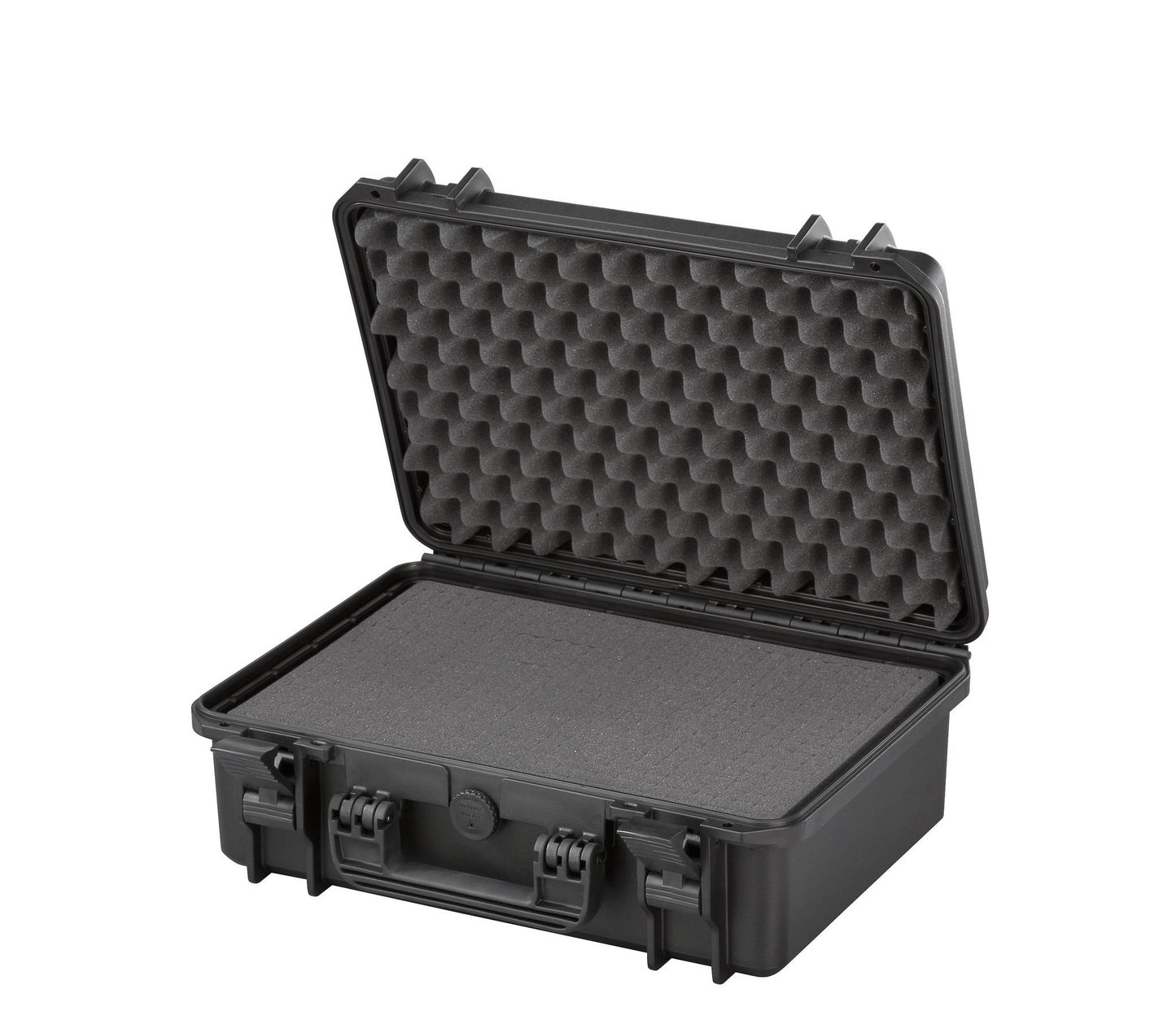 The MAX430 is a black hard-shell protective case with an open lid, featuring egg-crate foam padding inside and a watertight seal for extra protection.