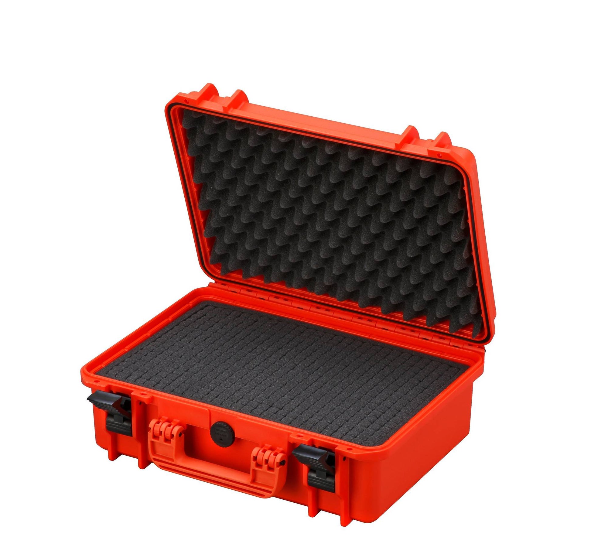 The MAX430 is a red hard plastic carrying case with a secure watertight seal, open lid, and black foam padding inside for protection.