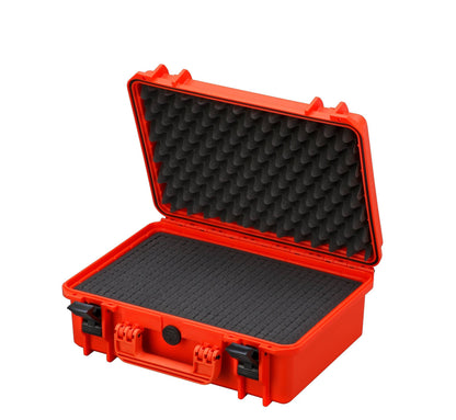 The MAX430 is a red hard plastic carrying case with a secure watertight seal, open lid, and black foam padding inside for protection.