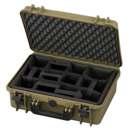 The MAX430CAM Camera Case is a hard-shell, olive green case for photography equipment with foam padding, a padded organizer, and adjustable compartments inside, shown open on a white background.