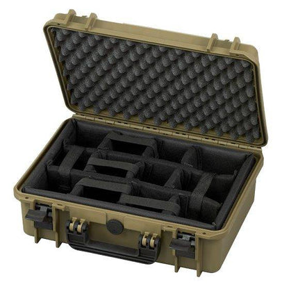 The MAX430CAM Camera Case is a hard-shell, olive green case for photography equipment with foam padding, a padded organizer, and adjustable compartments inside, shown open on a white background.