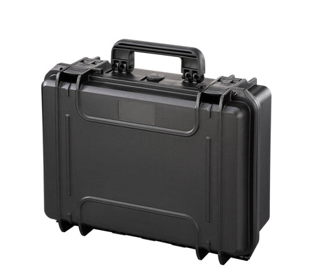 The MAX430CAM Camera Case is a black hard-shell case with a handle, watertight seal, and two latches, designed for photography equipment, shown isolated on a white background.