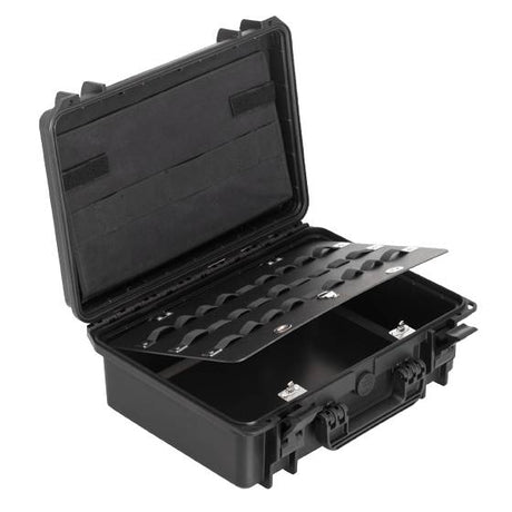 The MAX430PU Tool Case is a black, durable equipment case with an open lid, divided compartments, and a removable tray with individual slots for organized storage.