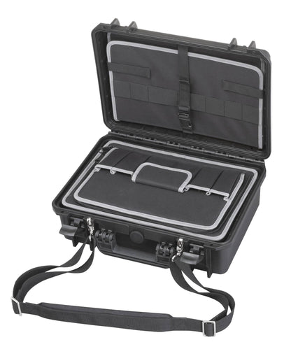 The MAX430TC Tool Case in black is open, displaying its organized waterproof interior with a handle, multiple pockets, and a convenient shoulder strap.