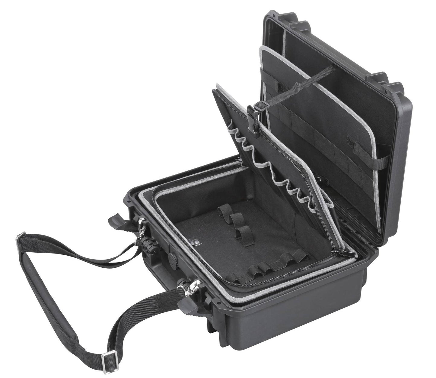 The MAX430TC Tool Case is a black hard-shell storage case with a shoulder strap, shown open to reveal multiple padded compartments and pockets. This waterproof case keeps your gear safe and organized wherever you go.