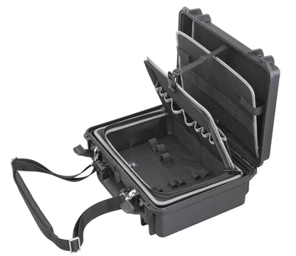 The MAX430TC Tool Case is a black hard-shell storage case with a shoulder strap, shown open to reveal multiple padded compartments and pockets. This waterproof case keeps your gear safe and organized wherever you go.