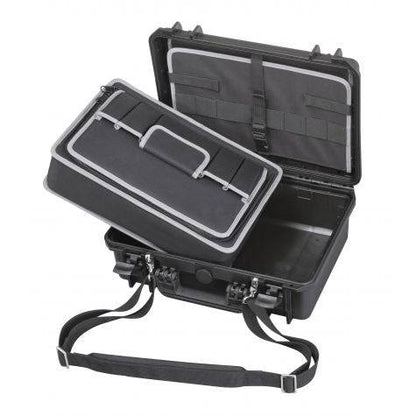 The MAX430TC Tool Case is a black waterproof case with a padded interior organizer tray that lifts out to reveal an empty compartment below, and it includes an attached shoulder strap.