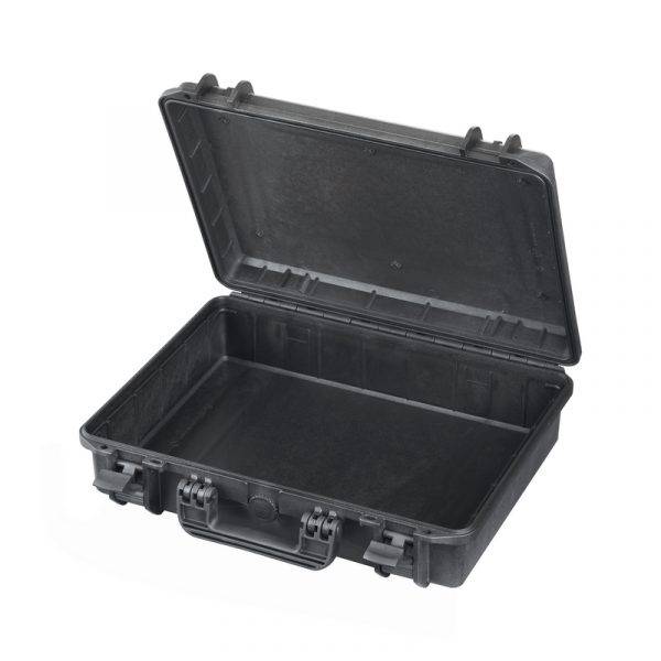 The MAX465H125 is a black hard plastic watertight case with a hinged lid open, showing an empty interior, secure front latches, and a pressure release valve for added protection.